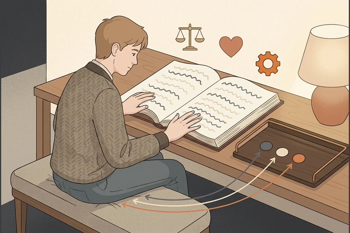 ProseForge close-reading world — a teen reading a passage of wavy lines while a sleek rhetoric bench annotates the argument with appeal-glyphs and arrows linking plain unlabeled claim, evidence and warrant dots