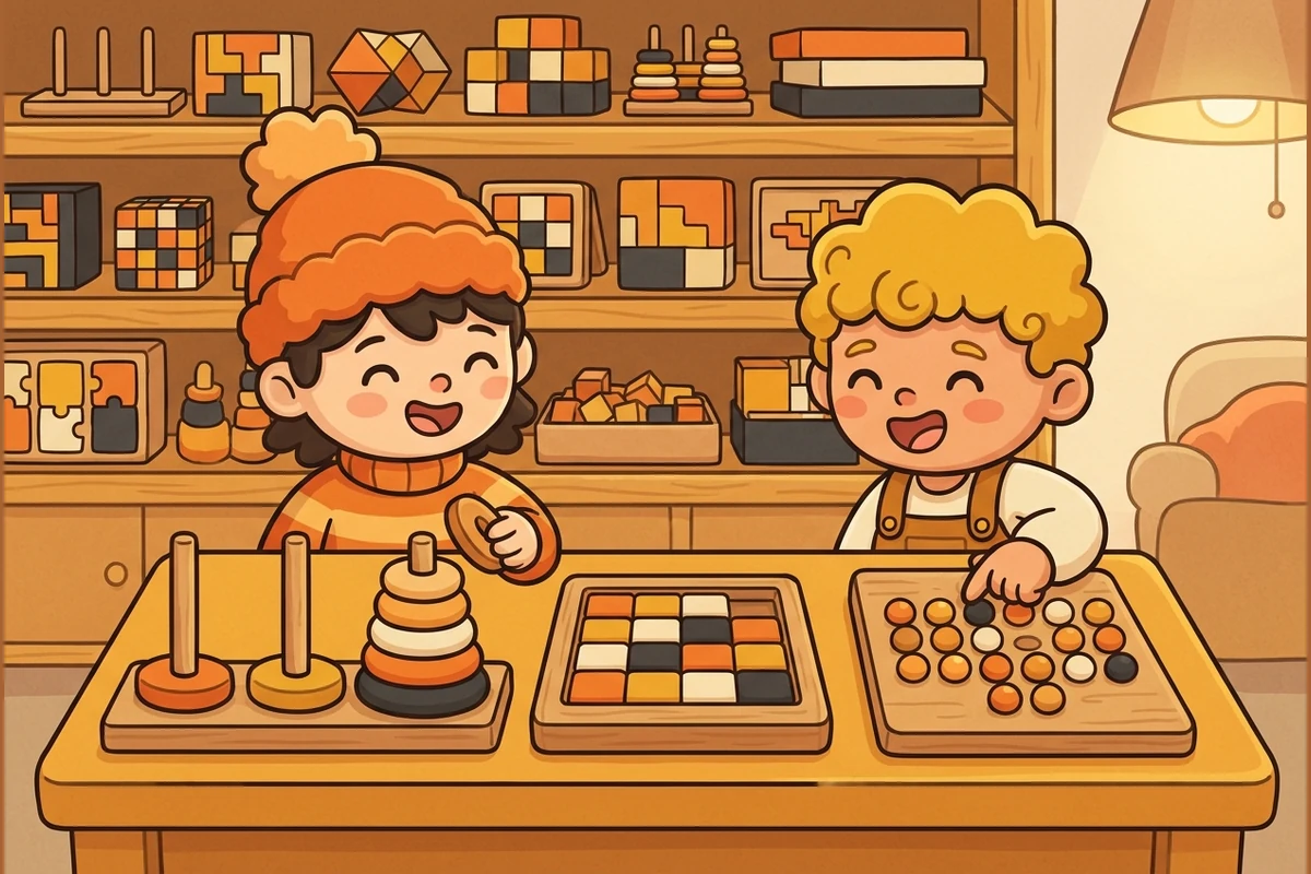 Two friendly cartoon kids solving classic wooden puzzles at a cozy workshop workbench — a colorful Tower of Hanoi, a sliding-tile frame, and a peg board