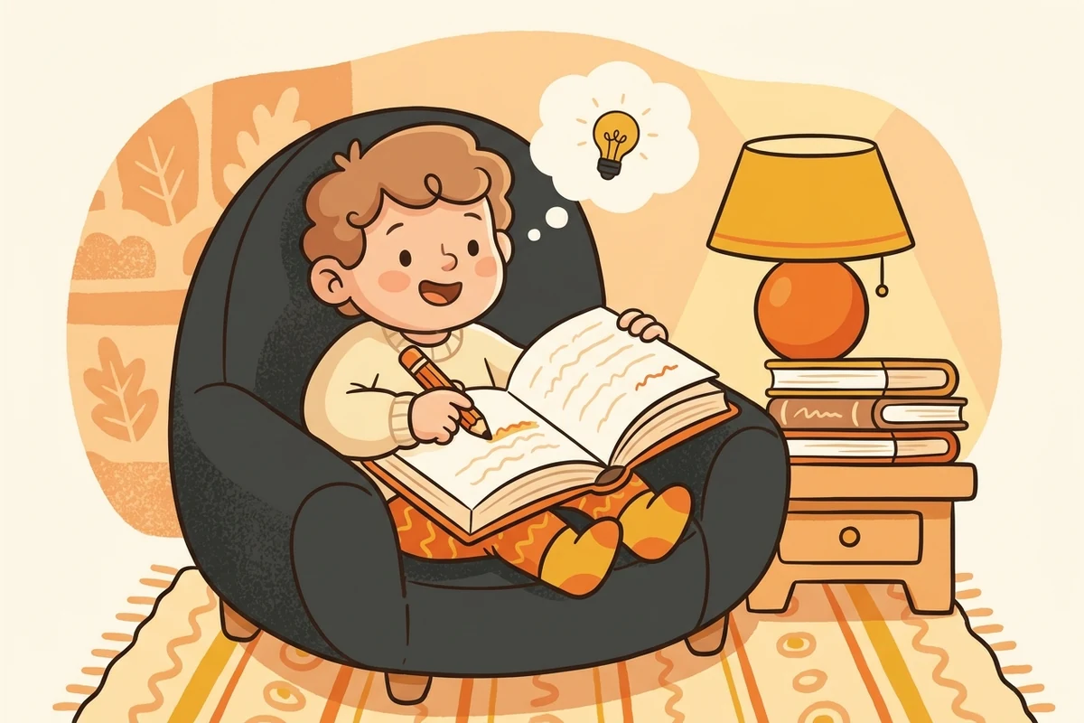 A young reader with a pencil highlighting a book in a cozy reading nook with a lightbulb thought