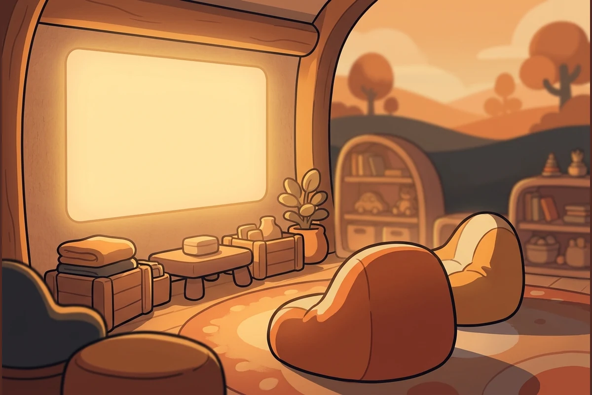 ReplayQuest's calm world — a cozy screening nook at dusk with a soft blank projection screen glowing gently and two low seats facing it