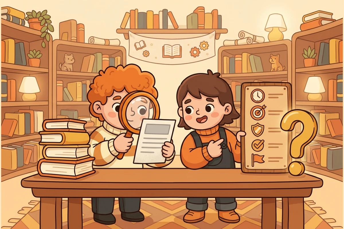 Two friendly cartoon kid researchers at a cozy library desk — a magnifier over a gray-lined source card, a stack of books, a CRAAP icon checklist, and a big question-mark