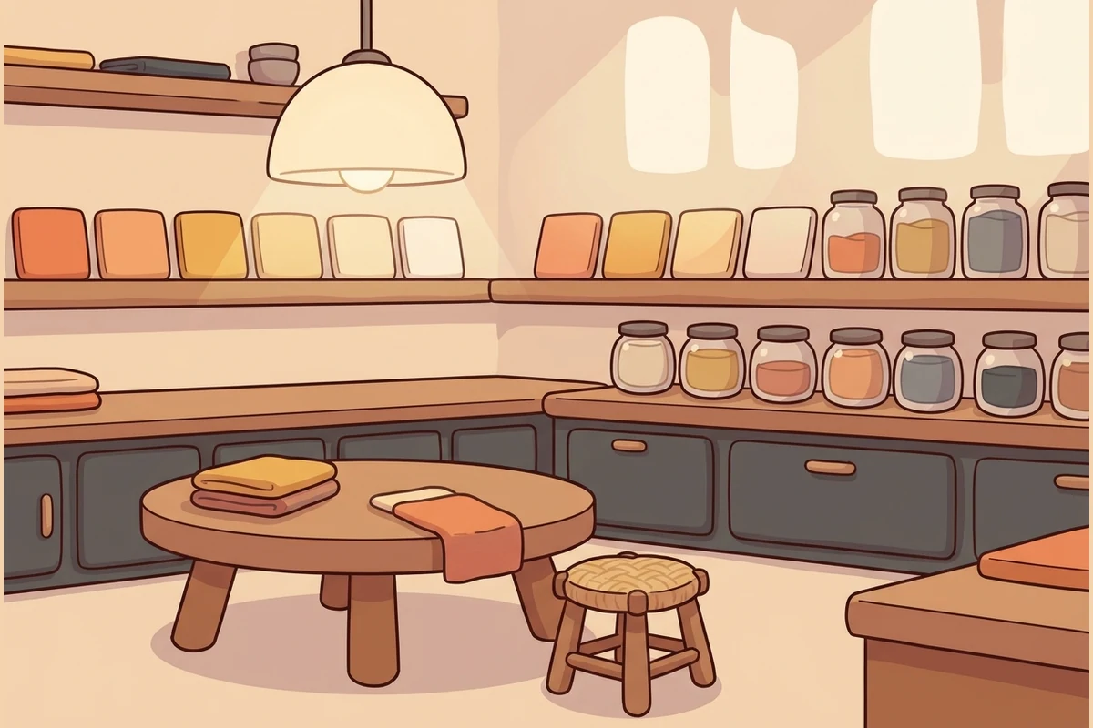 ShadeQuest's calm world — a quiet dyer's studio with rows of soft muted colour-swatch tiles and jars in gentle gradients on shelves