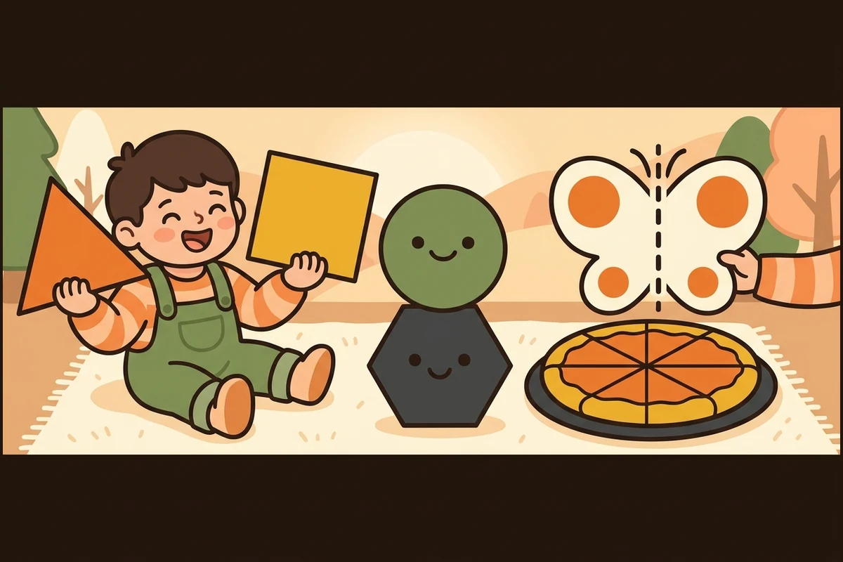 ShapePals shapes world — a young child playing with big colorful triangles, circles and squares, a symmetry butterfly and a pizza cut into equal wedges