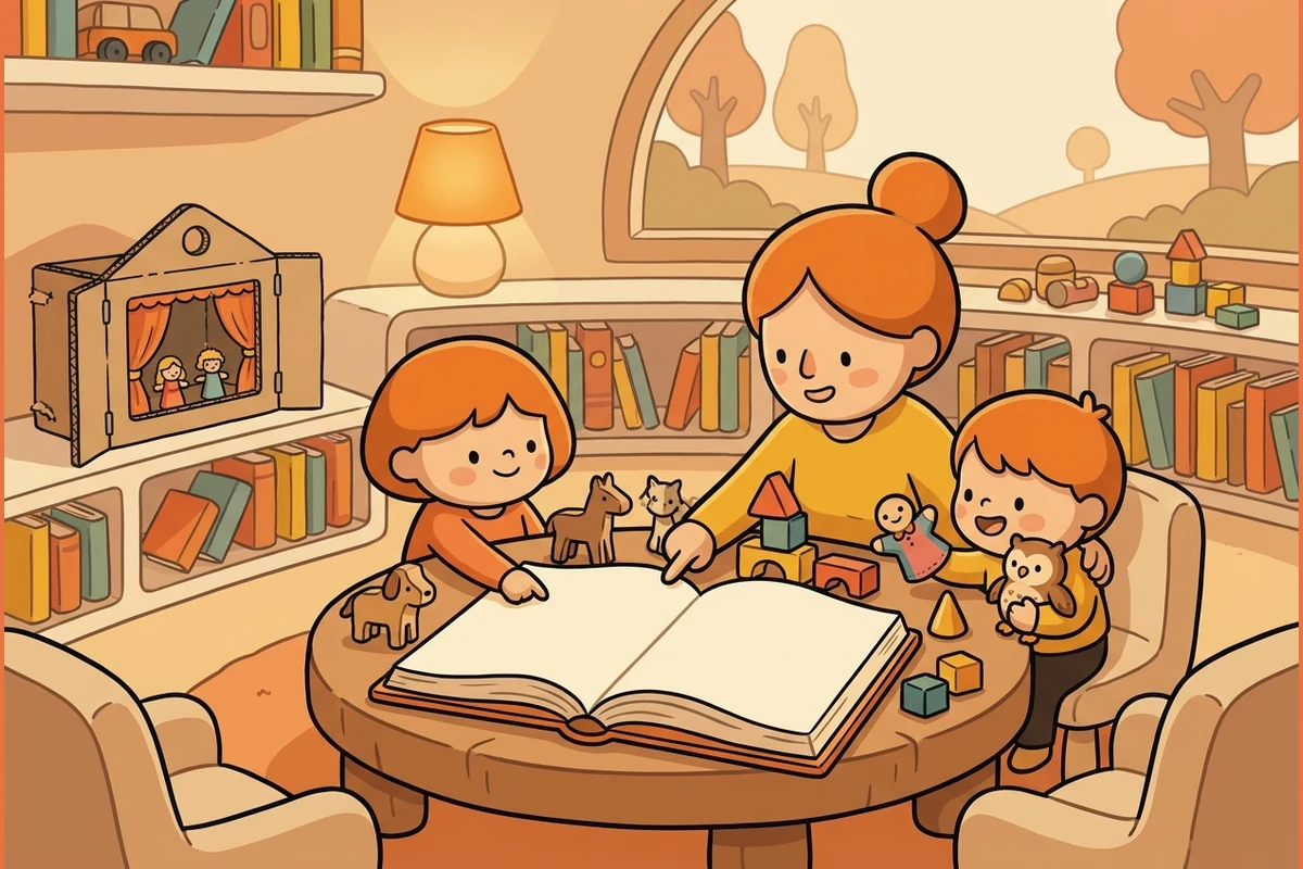 ShowTots learn-by-teaching world — a grown-up and young children at a table with a big open blank picture book, small animal toys and a little puppet-show stage in a cozy warm reading room with blank-spine bookshelves
