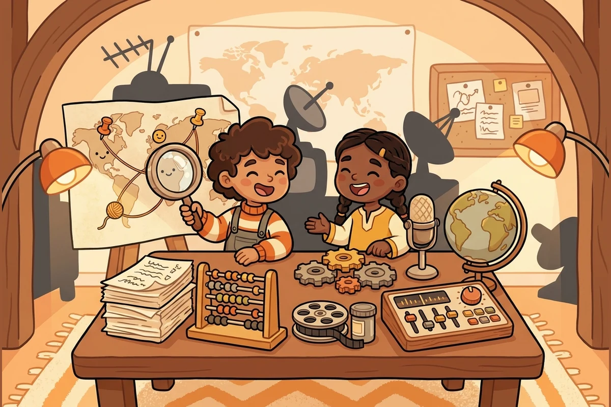 A warm junior signal-room newsroom — two children at a desk with a microphone, mixer and antenna, a world map and pinboard on the wall, soft lamplight