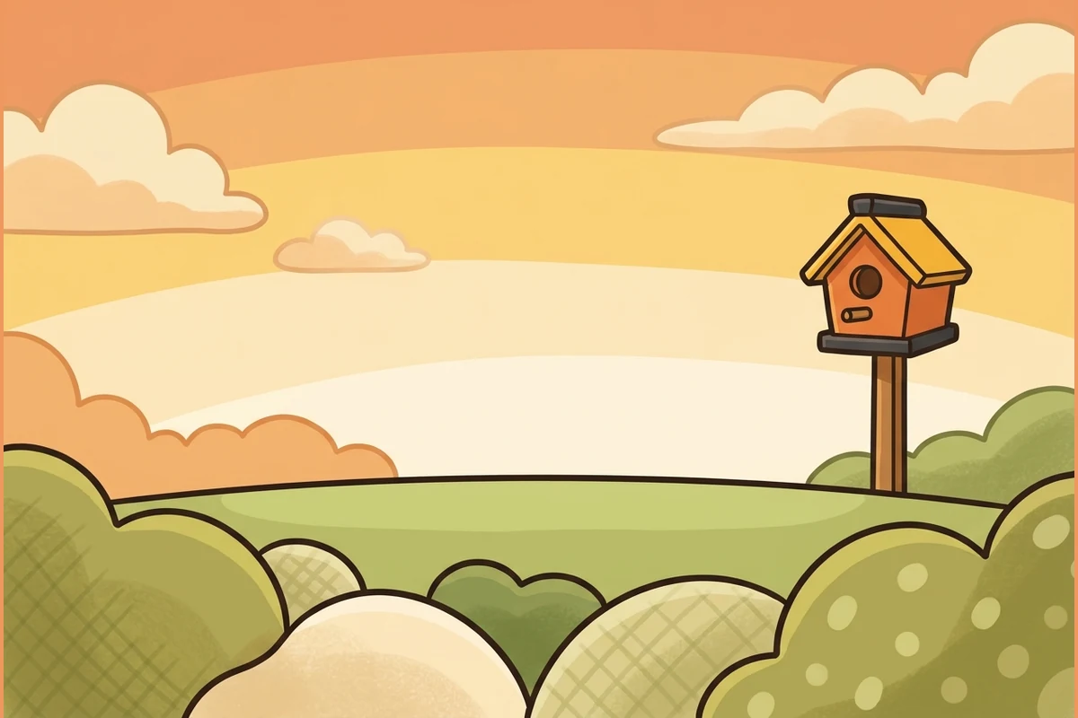 SkyPals' calm world — an open sky over a soft green meadow horizon with a few far-off clouds and a distant birdhouse