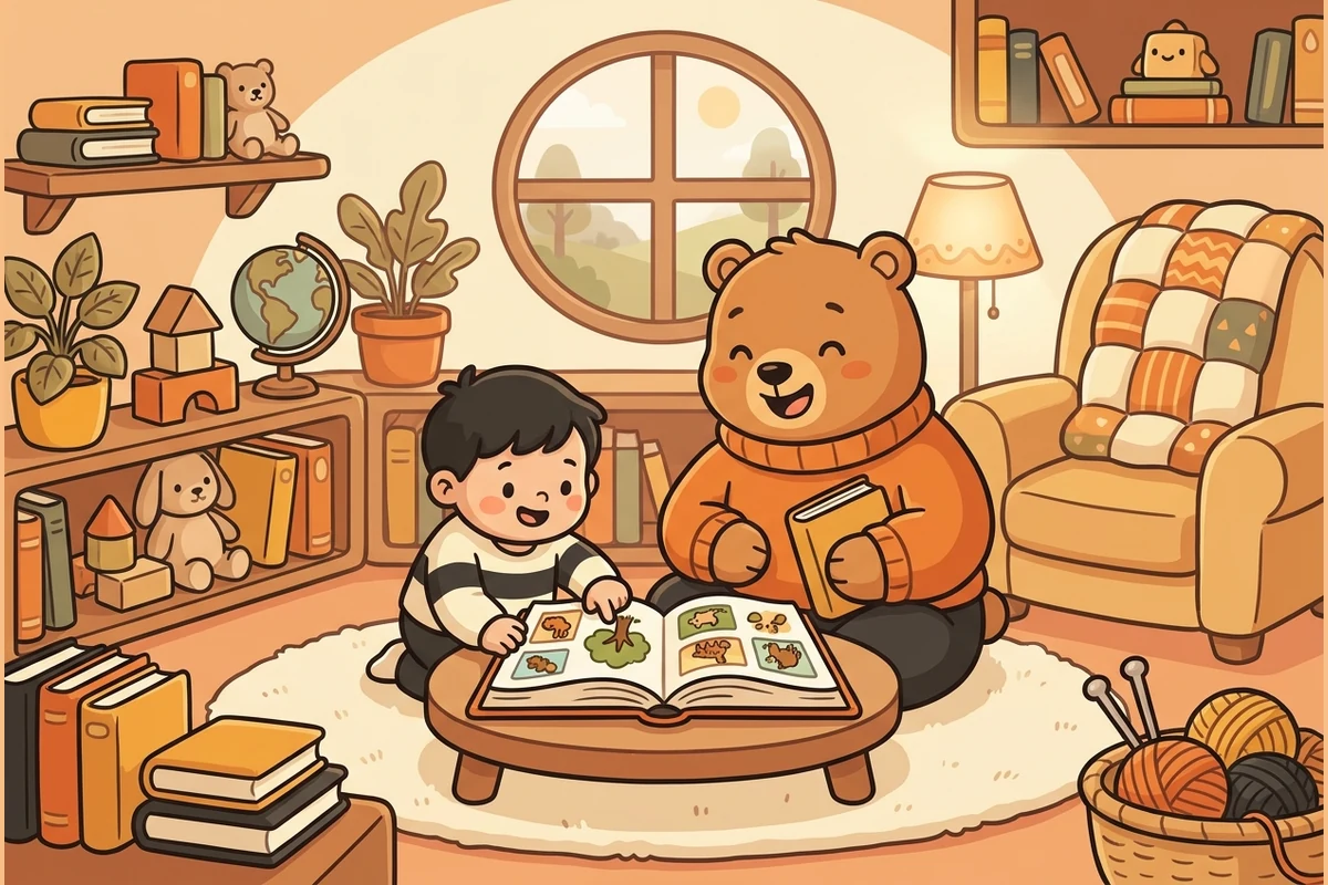 SnapTots cozy reading-nook world — a child and a friendly bear reading an open picture book together with soft toy blocks, warm shelves and a round window