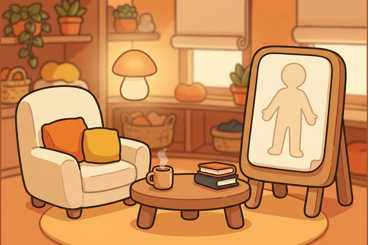 SomaLab's calm world — a quiet wellness study with a soft blank body-outline chart on a stand, gentle lamplight and distant shelves