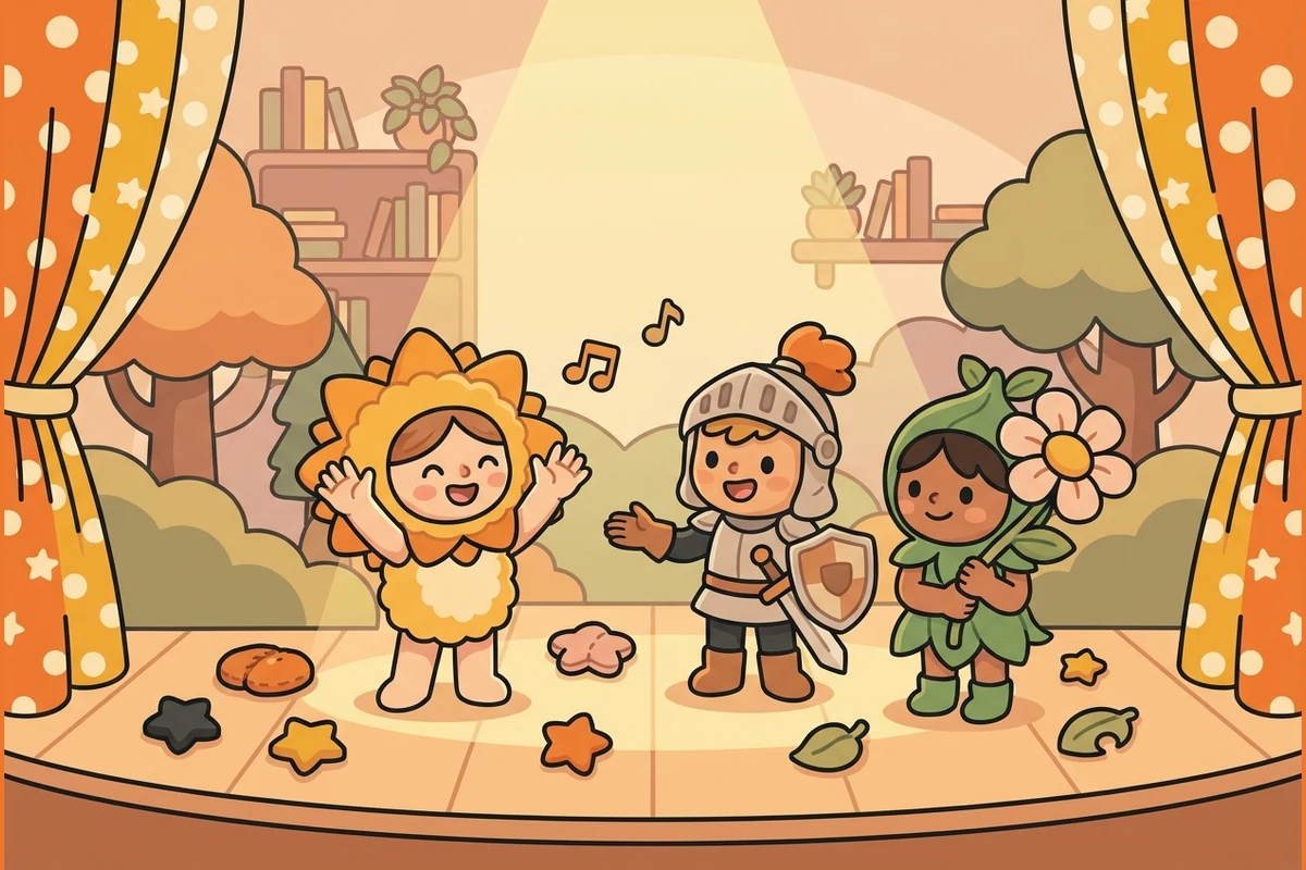Kids putting on a play on a warm stage