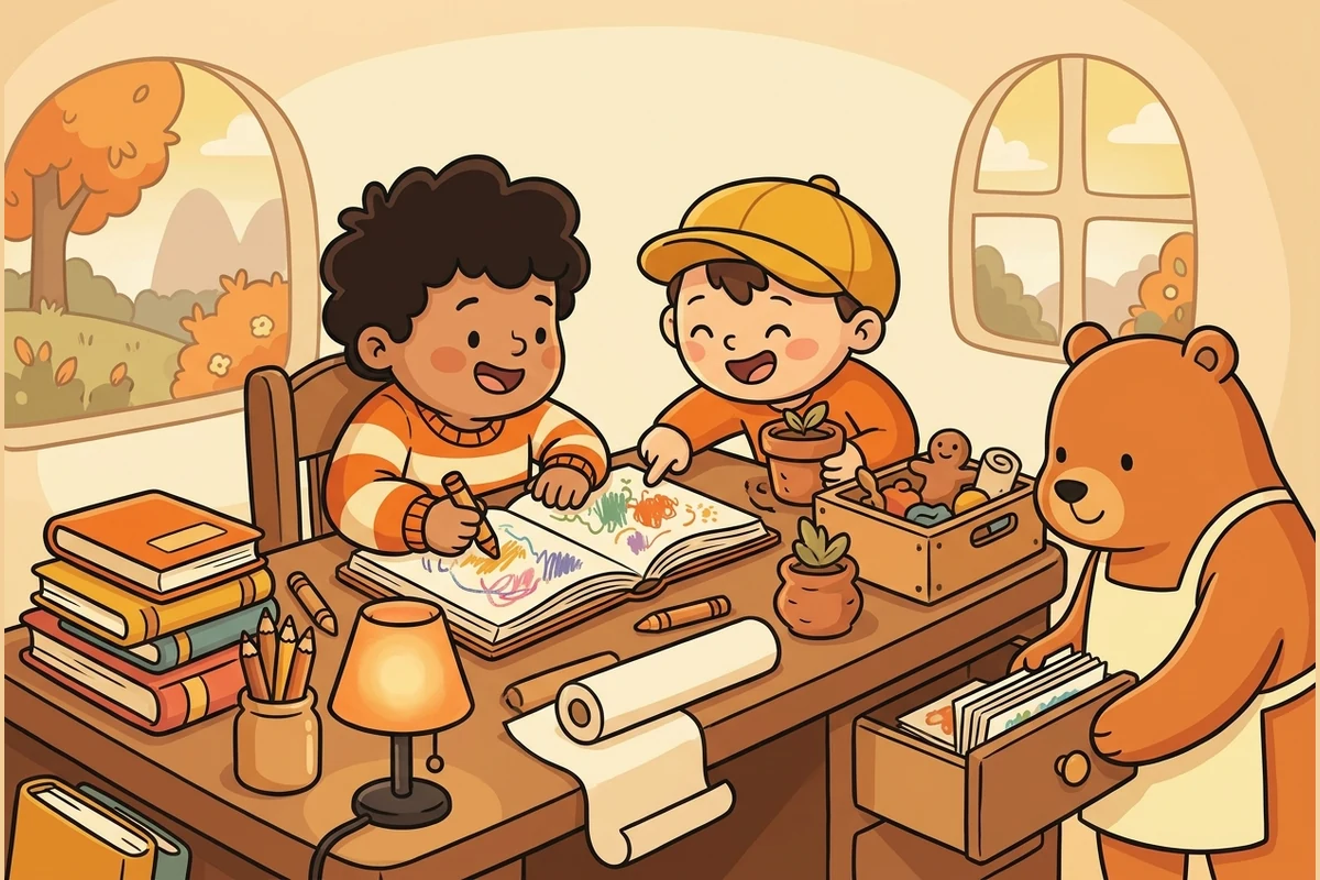 StampPals cozy writing-desk world — children drawing and coloring at a desk with crayons and a lamp while a friendly bear brings letters, in a warm room