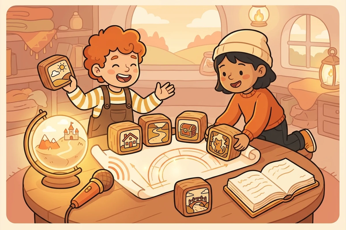 A cozy story-building workshop: kids arranging story-beat picture-blocks with a story-world globe and microphone