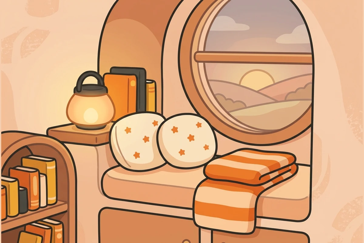 TalkTots' calm world — a snug bedtime reading nook with a softly glowing lantern, two cushions and a window onto the sunset