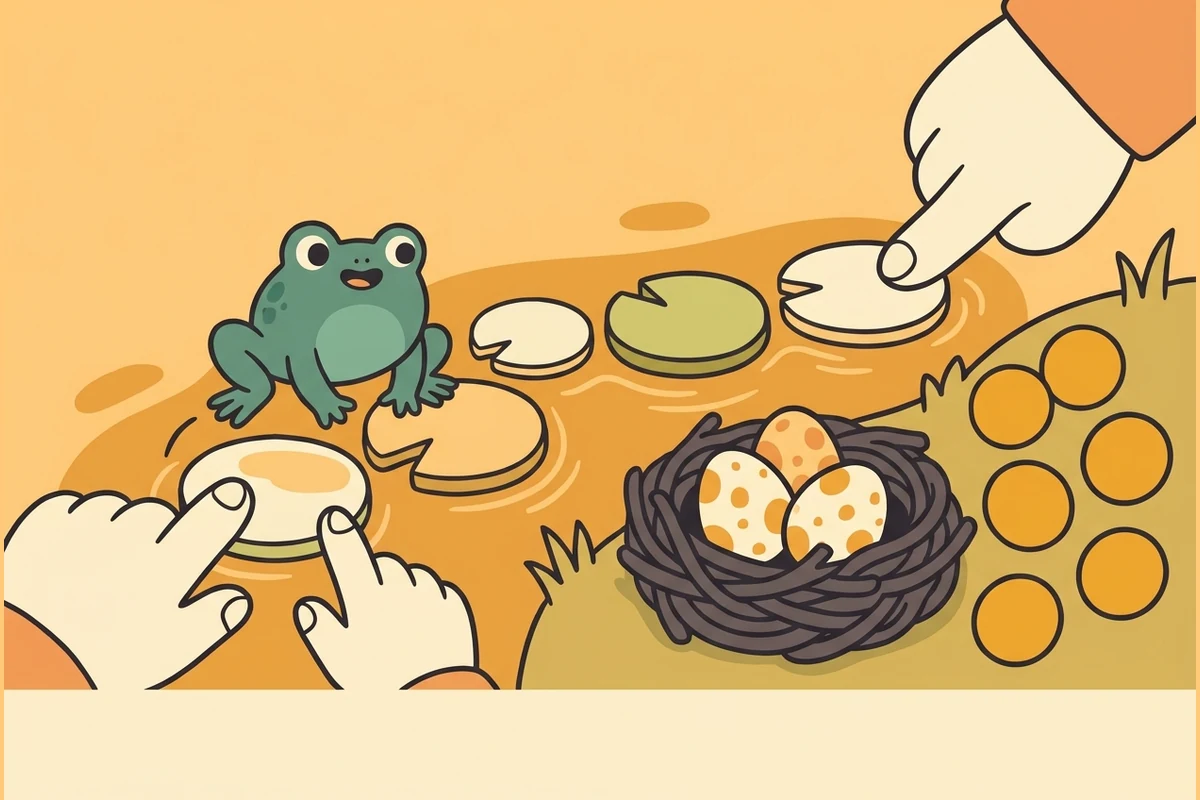 TallyTots counting pond — a friendly frog hopping along round lily-pad stepping-stones beside dots and a nest of eggs