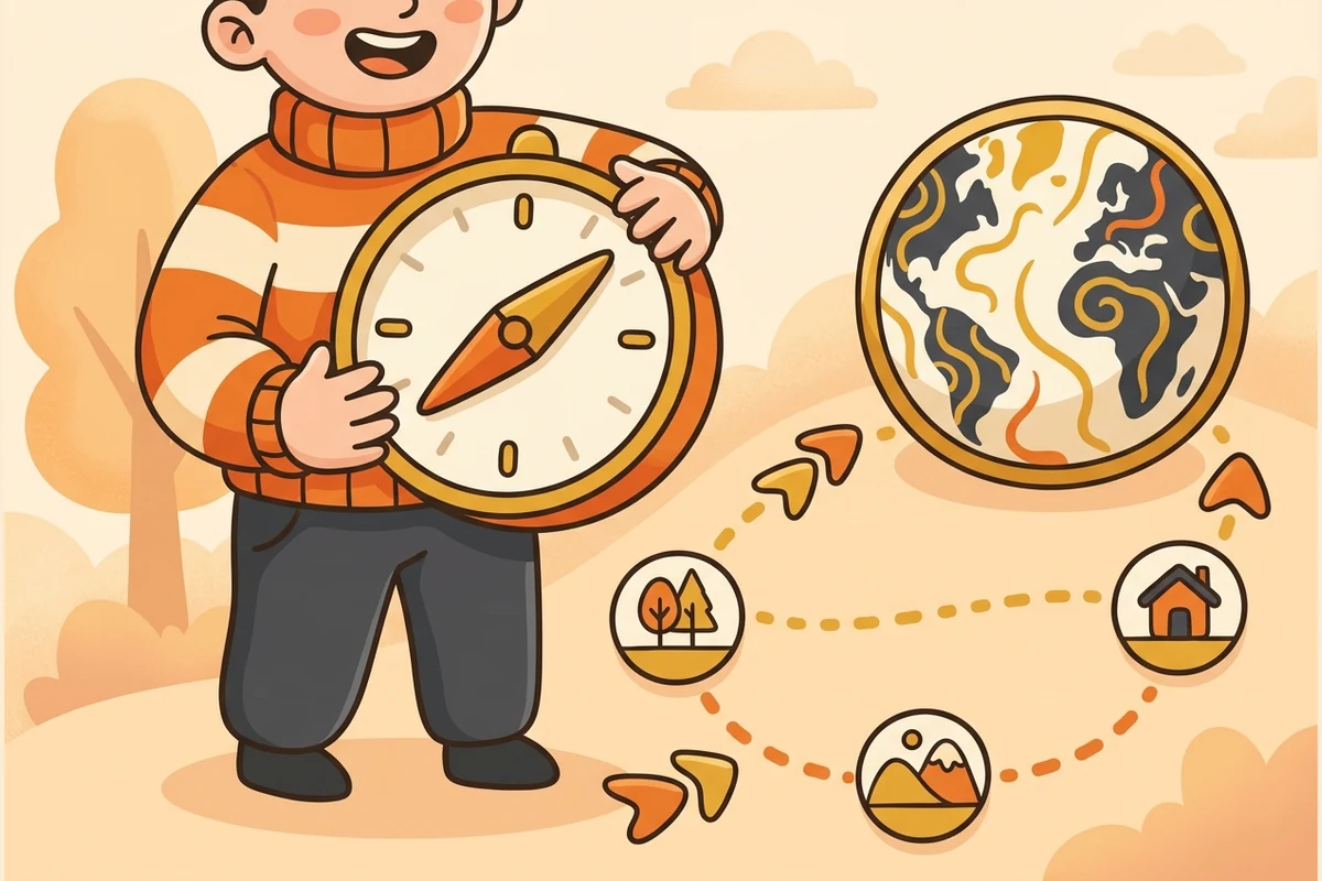 A kid navigator with a needle compass and a curved route