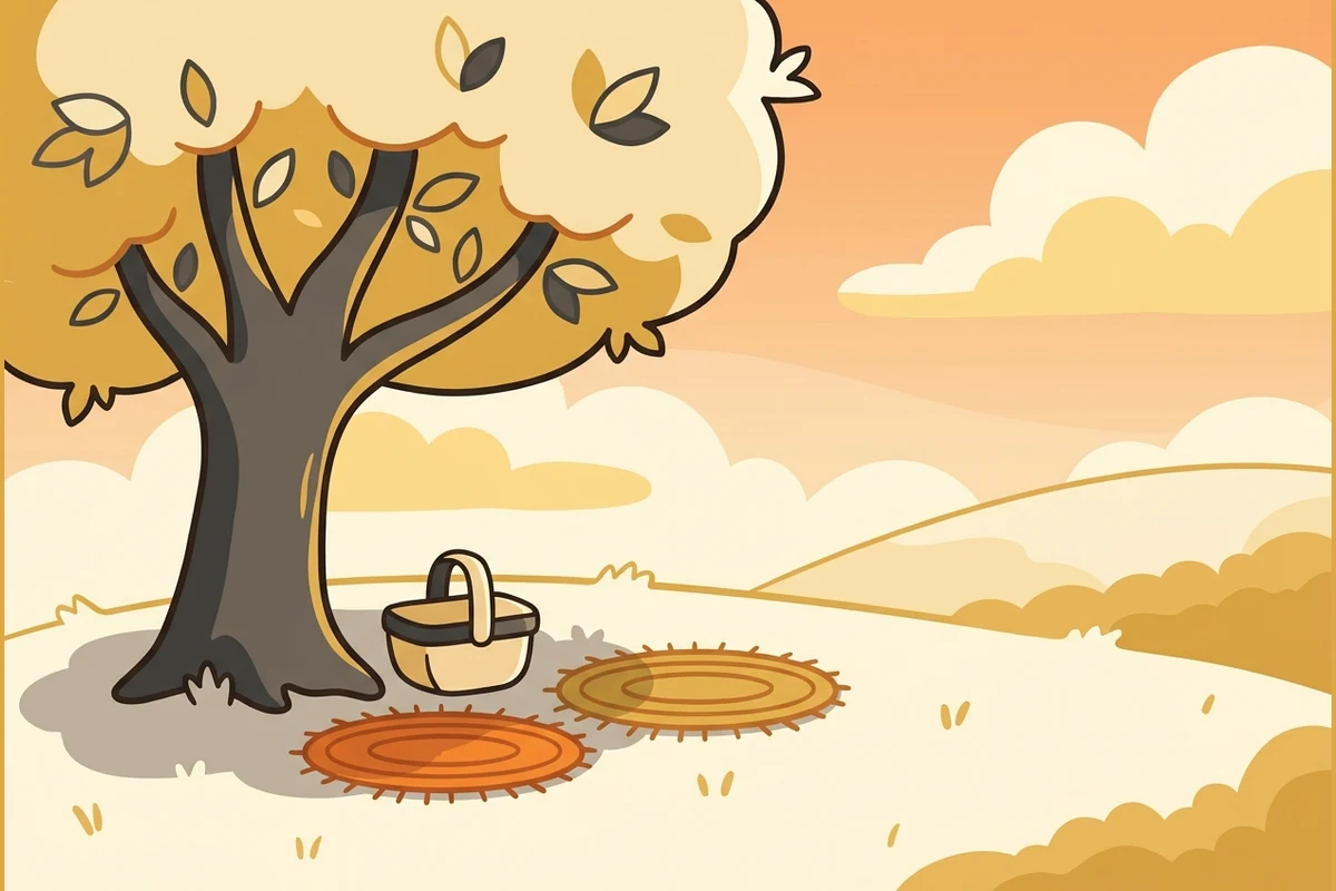WantTots' calm world — a sunny picnic meadow with two little mats set out beside one basket under a gentle tree