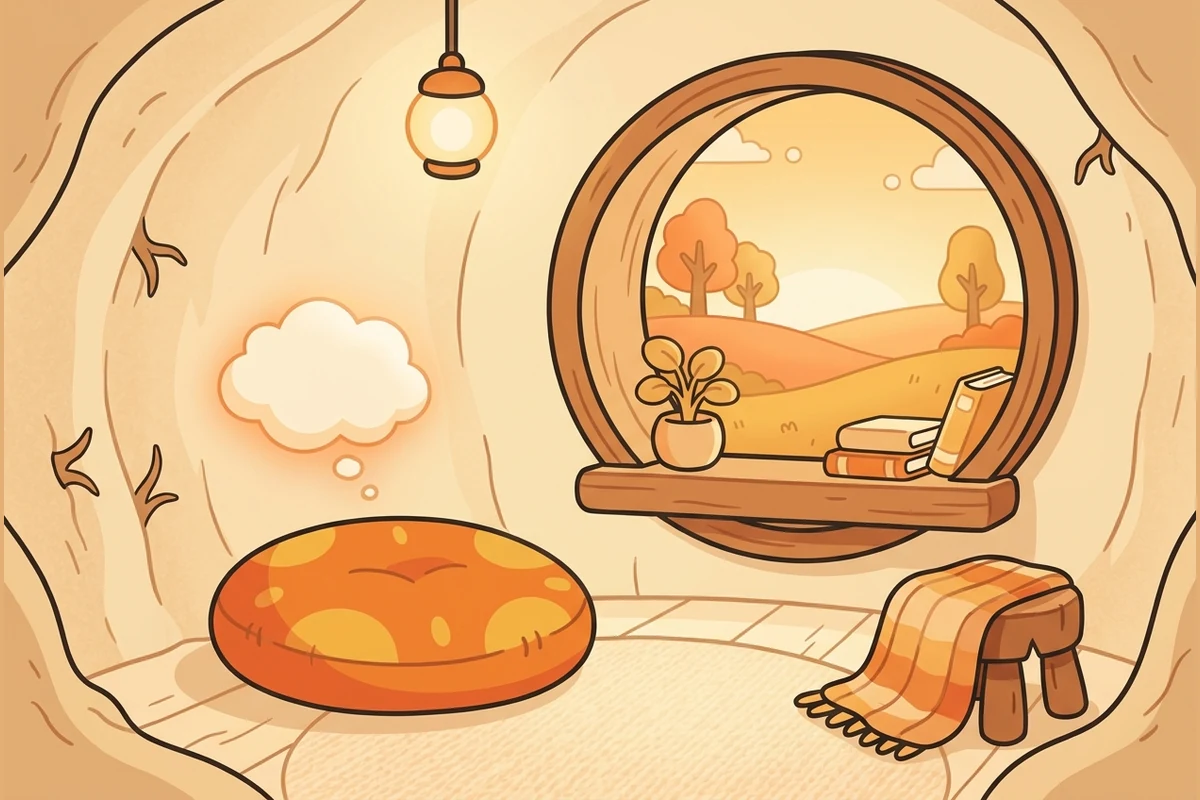 WhyTots' calm world — a cozy burrow reading-nook with a round window onto a warm meadow and a soft drifting thought-cloud