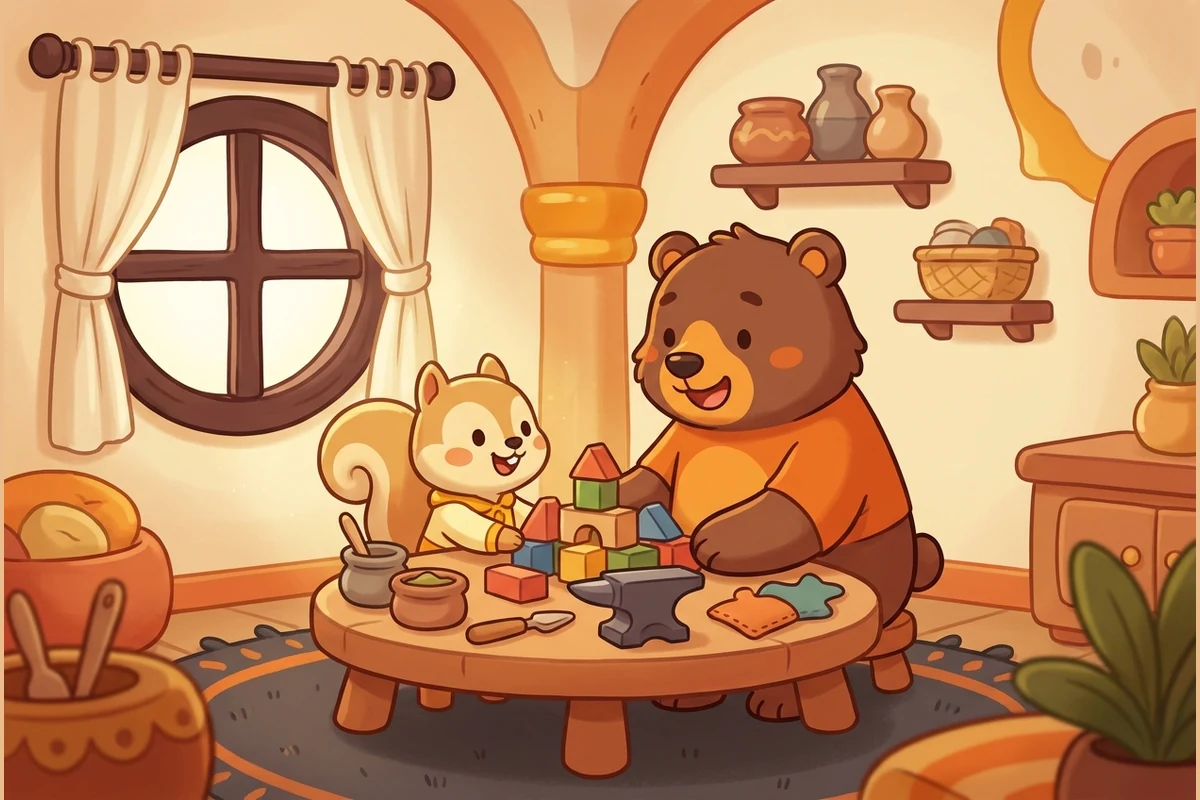 WiggleTots calm cozy playroom world — a friendly bear and a squirrel building with soft blocks together at a low round table in a warm, soothing room