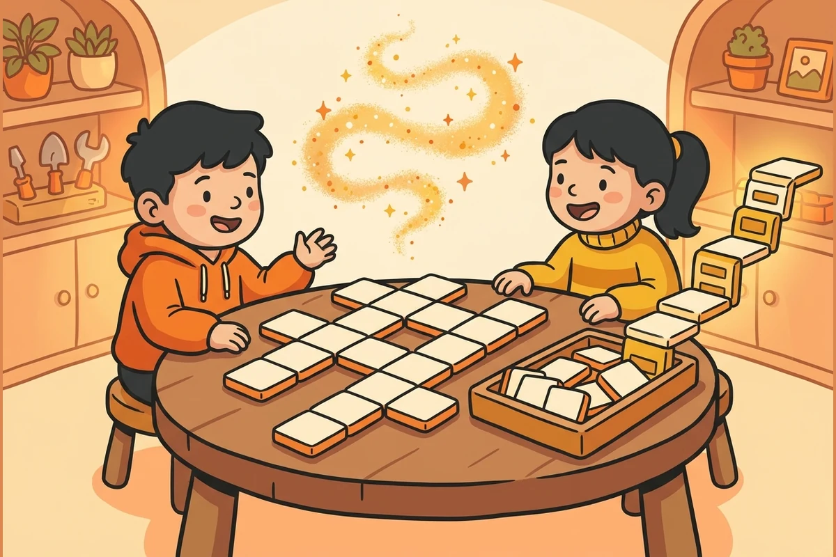 A cozy word-puzzle workshop: kids at a table with a blank crossword grid and letter-tile tray