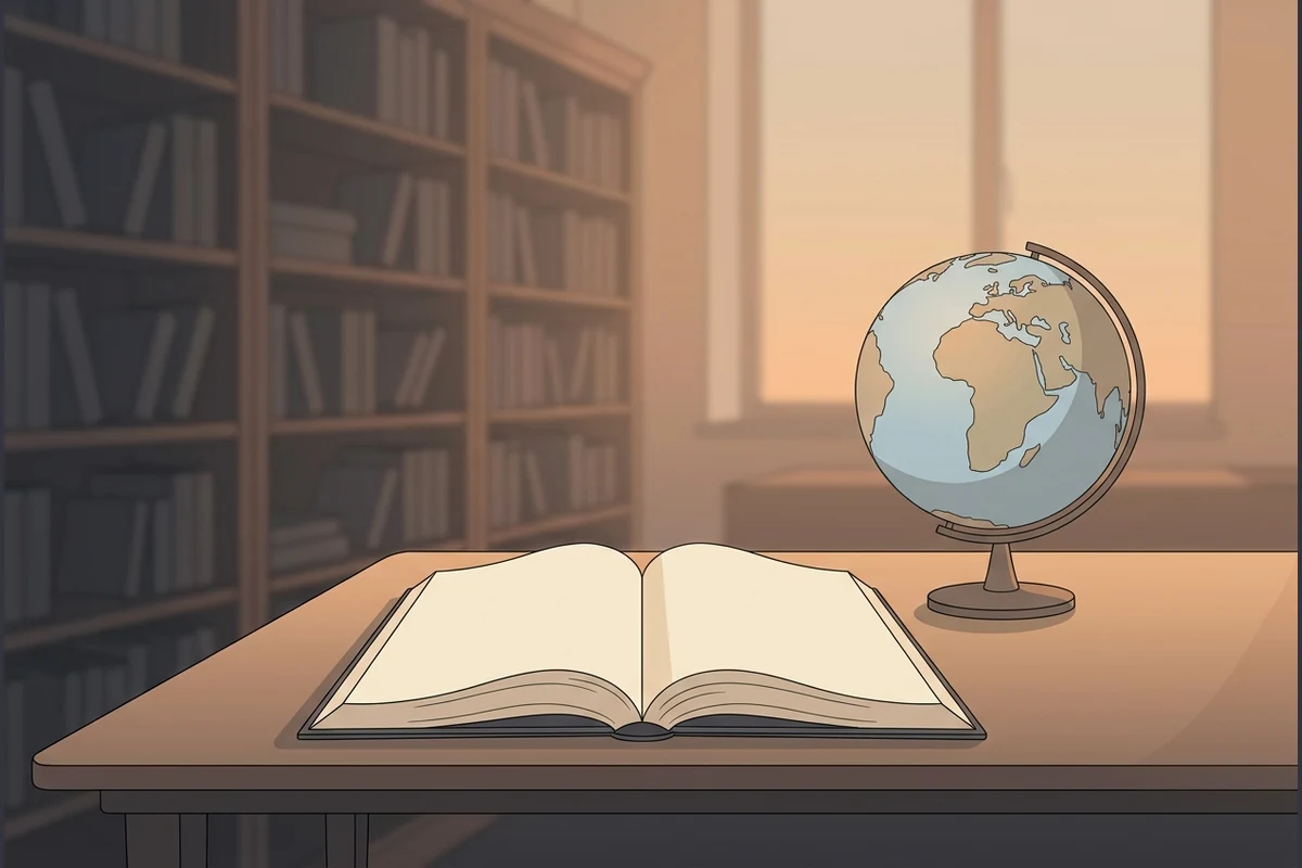 WorldFeels' calm world — a dusk-lit library reading table with a soft open blank atlas and a globe of gentle blank continents, distant shelves